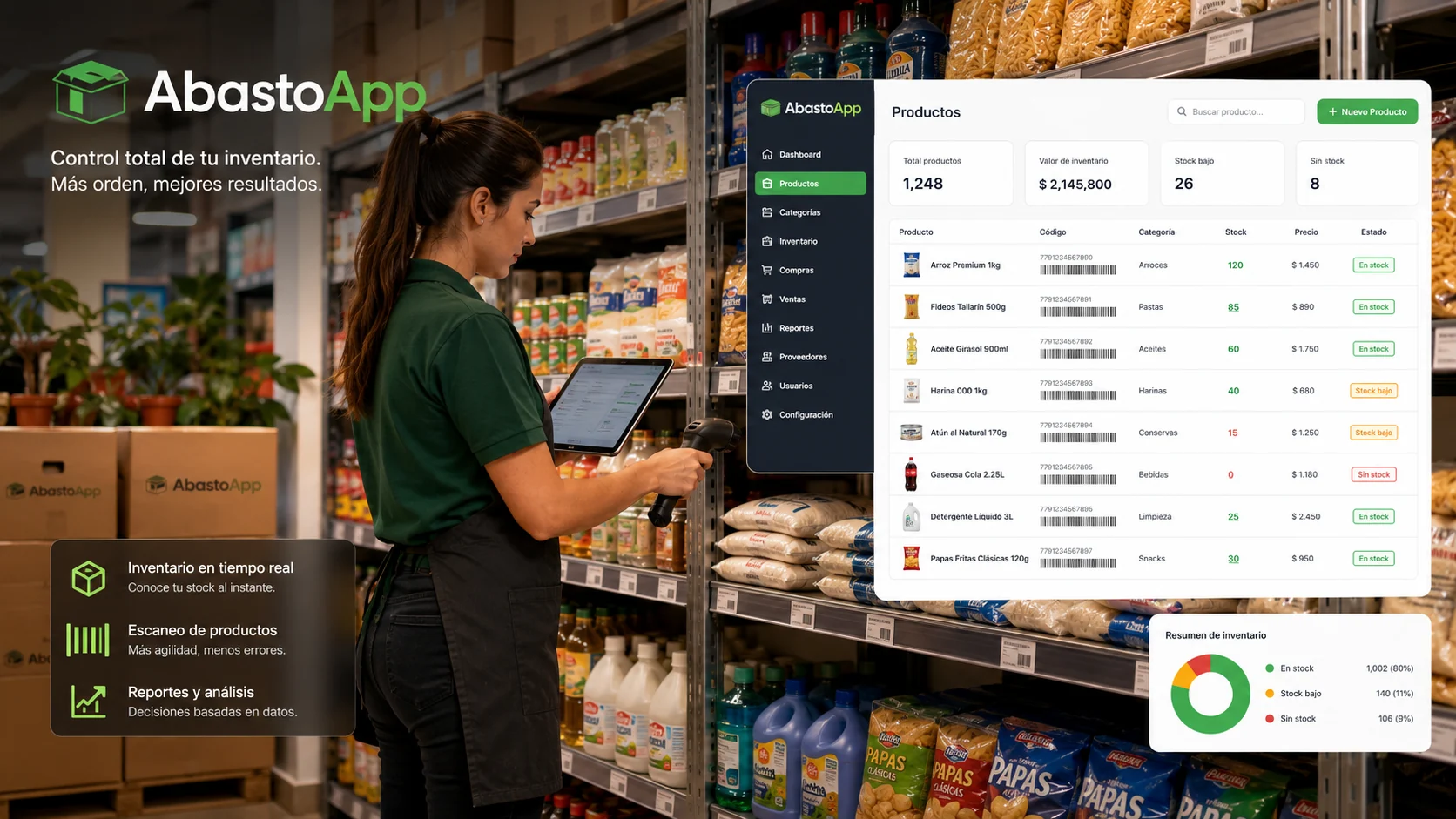 Inventario de AbastoApp con productos y códigos